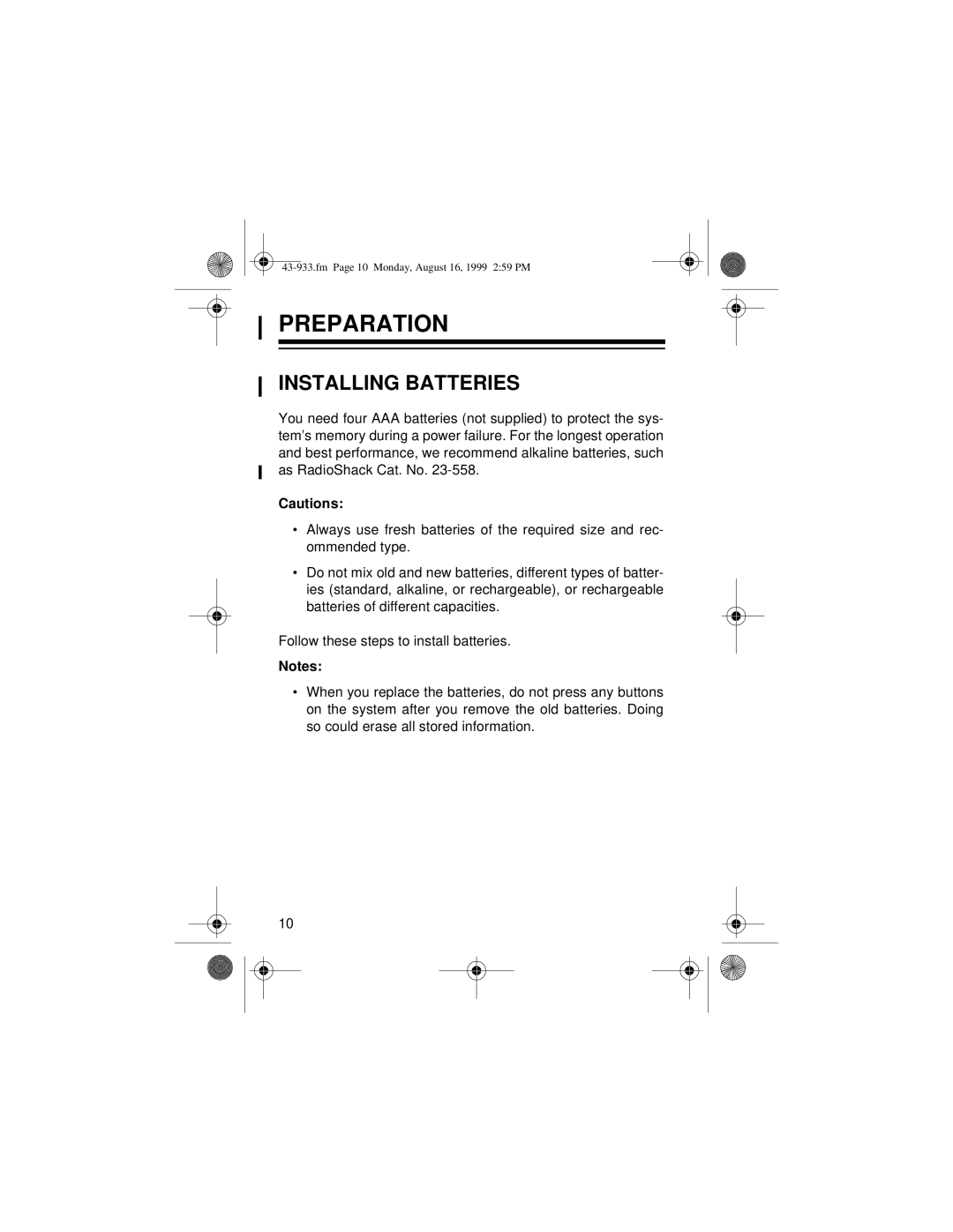 Radio Shack SYSTEM 933 owner manual Preparation, Installing Batteries 