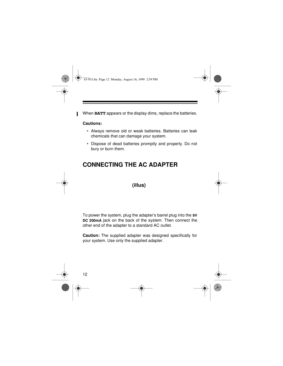 Radio Shack SYSTEM 933 owner manual Connecting the AC Adapter 