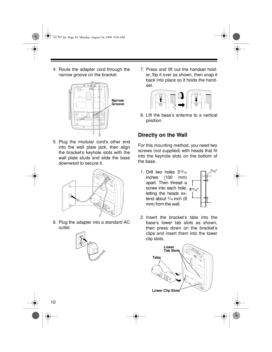 Radio Shack TAD -797 owner manual Directly on the Wall 