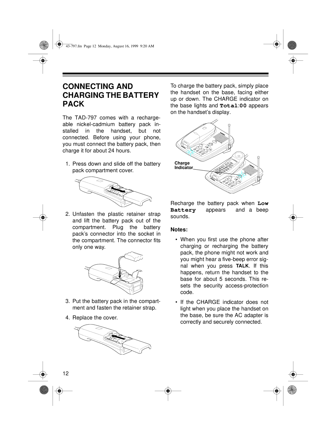 Radio Shack TAD -797 owner manual Connecting and Charging the Battery Pack 