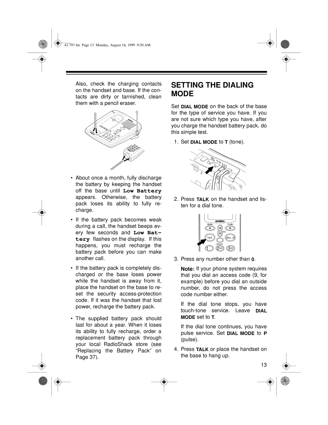 Radio Shack TAD -797 owner manual Setting the Dialing Mode 