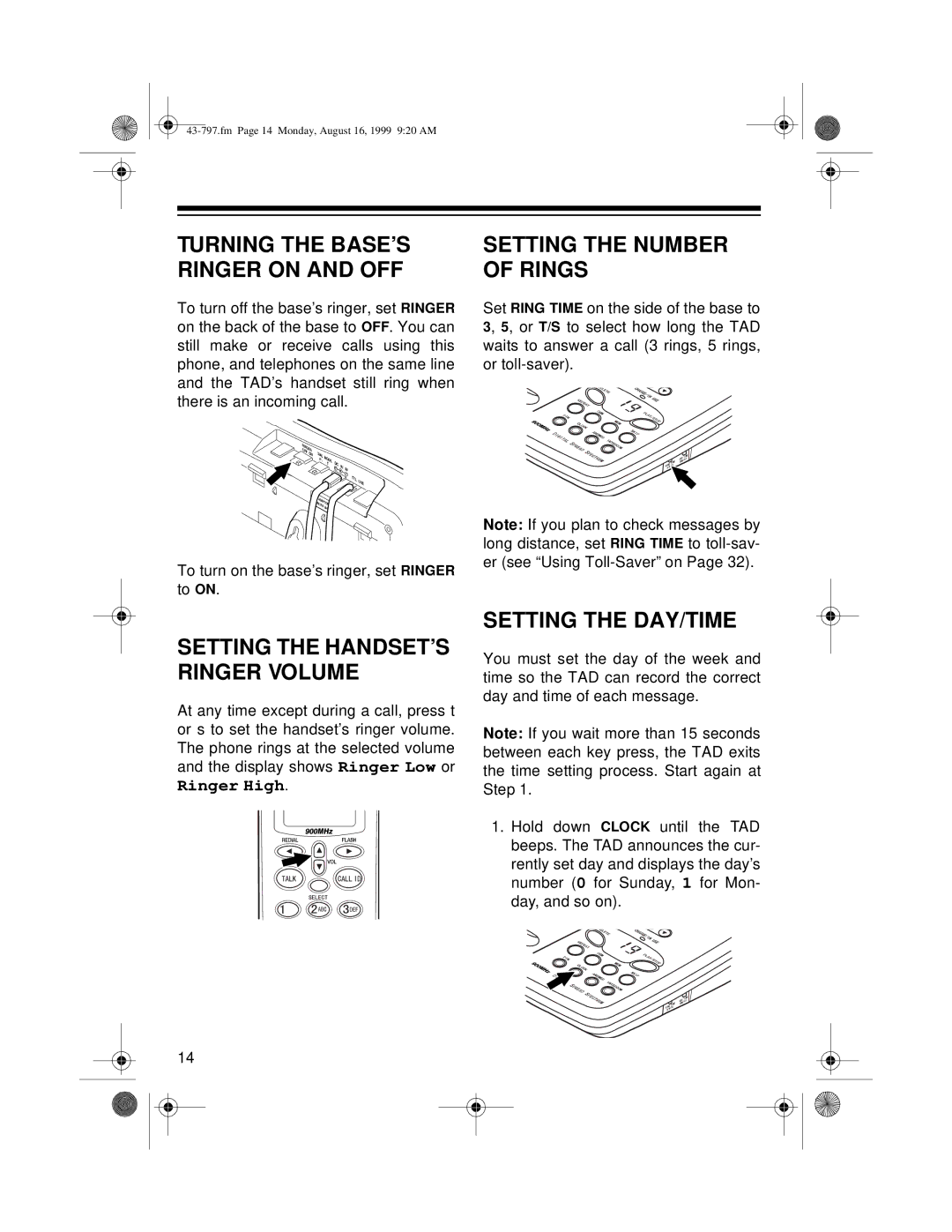 Radio Shack TAD -797 owner manual Turning the BASE’S Ringer on and OFF, Setting the Number of Rings, Setting the DAY/TIME 