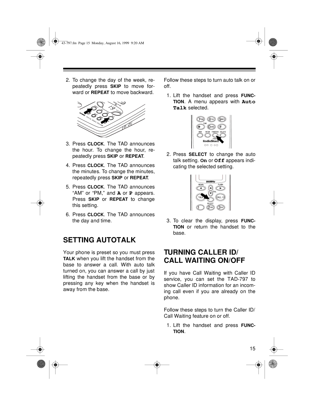 Radio Shack TAD -797 owner manual Setting Autotalk, Turning Caller ID/ Call Waiting ON/OFF 