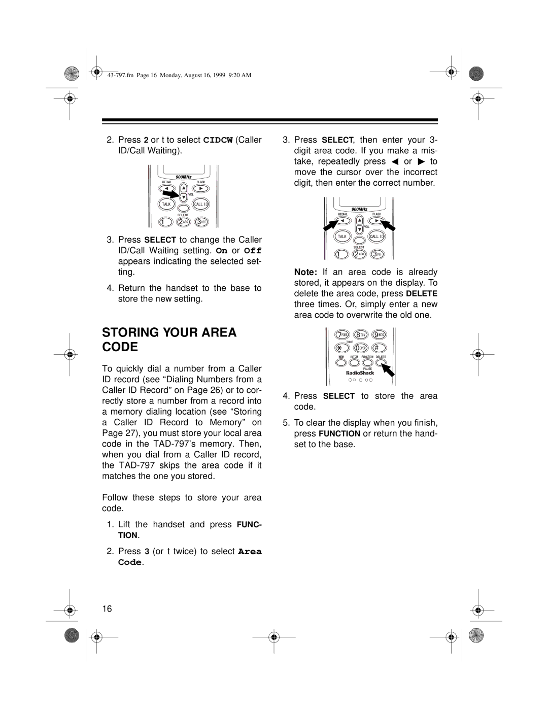 Radio Shack TAD -797 owner manual Storing Your Area Code 