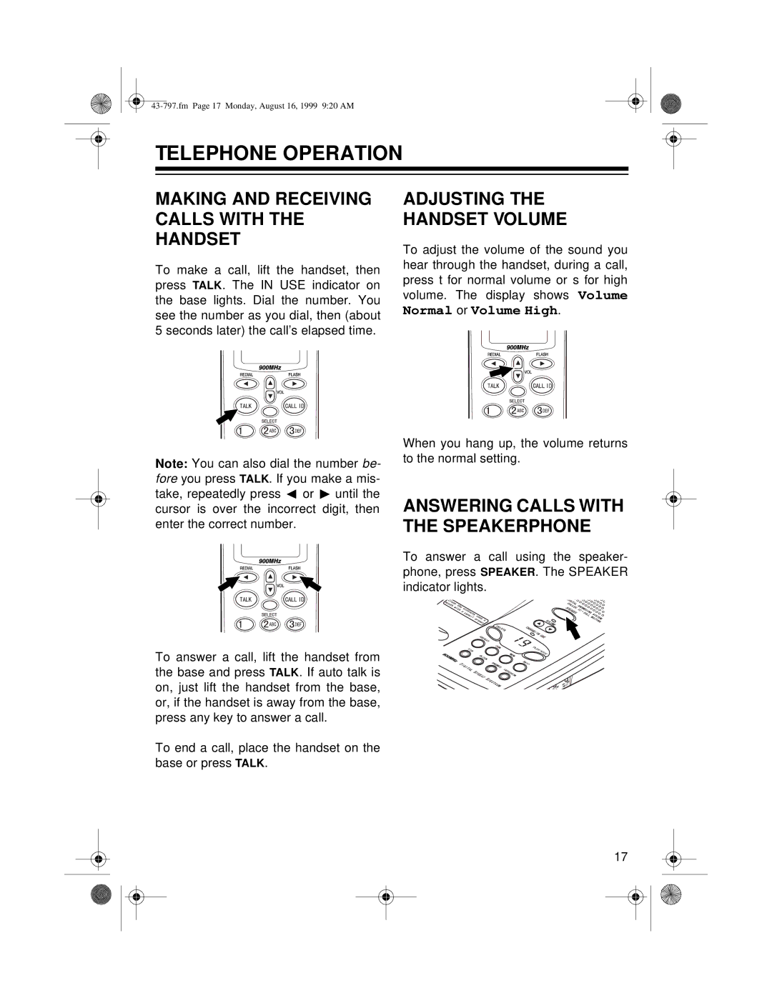 Radio Shack TAD -797 Telephone Operation, Making and Receiving Calls with the Handset, Adjusting Handset Volume 