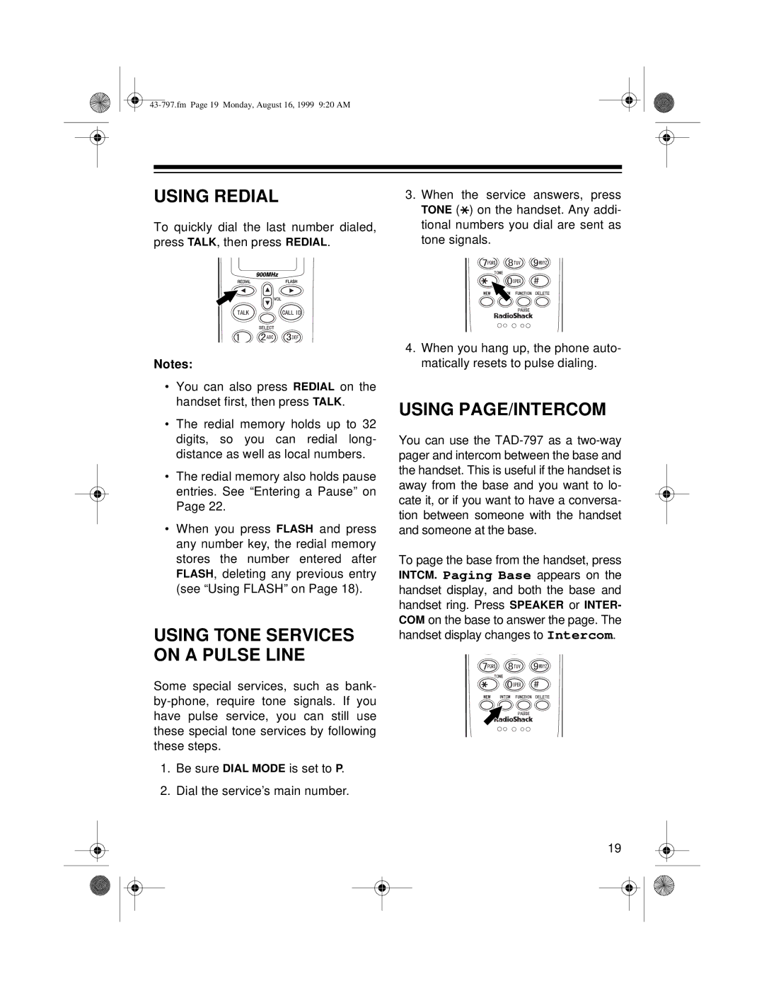 Radio Shack TAD -797 owner manual Using Redial, Using PAGE/INTERCOM 