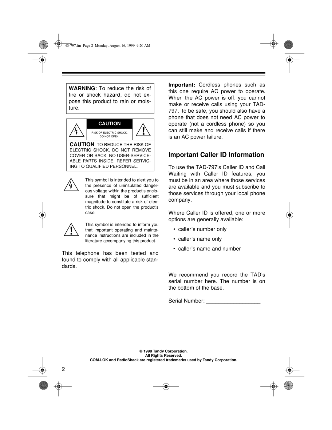 Radio Shack TAD -797 owner manual Important Caller ID Information 