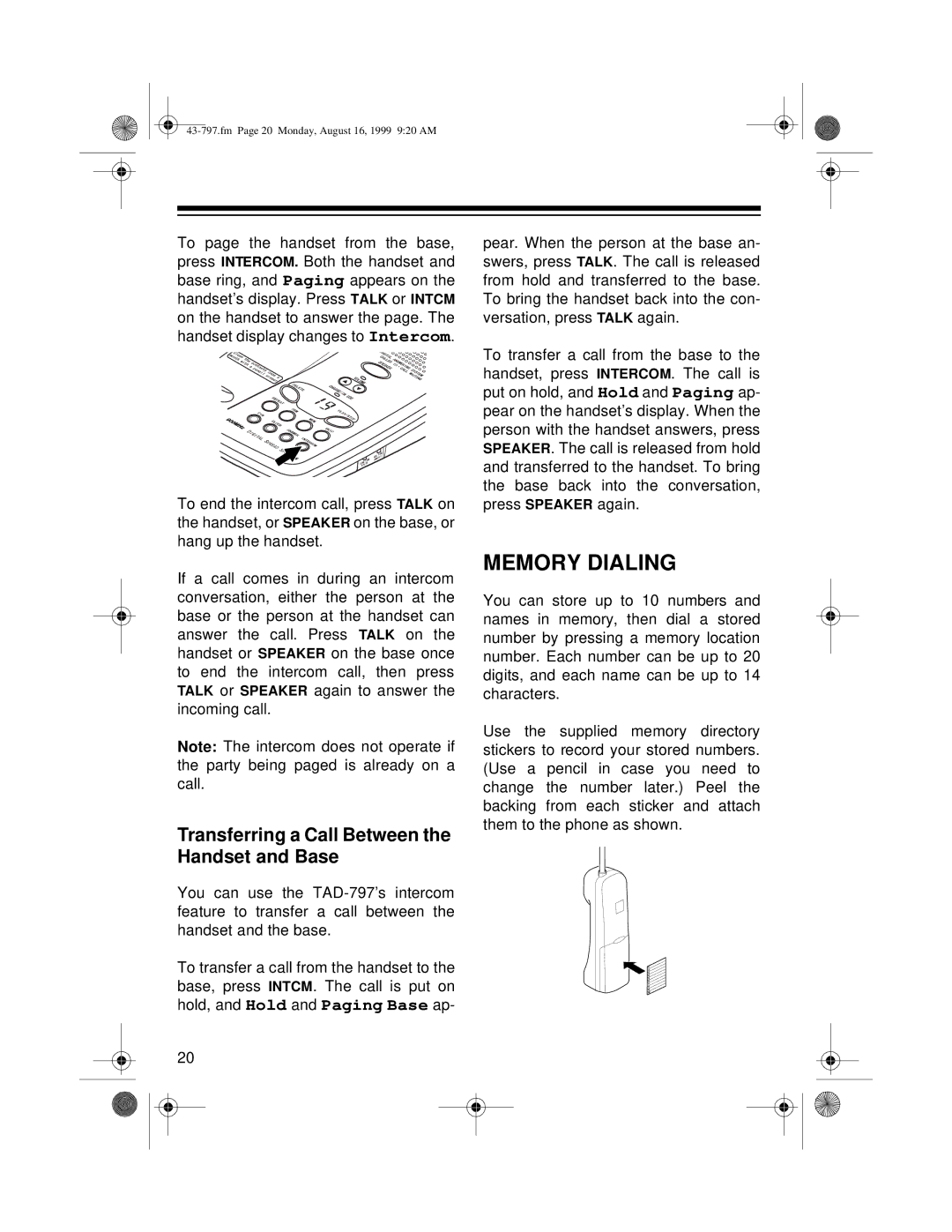 Radio Shack TAD -797 owner manual Memory Dialing, Transferring a Call Between the Handset and Base 