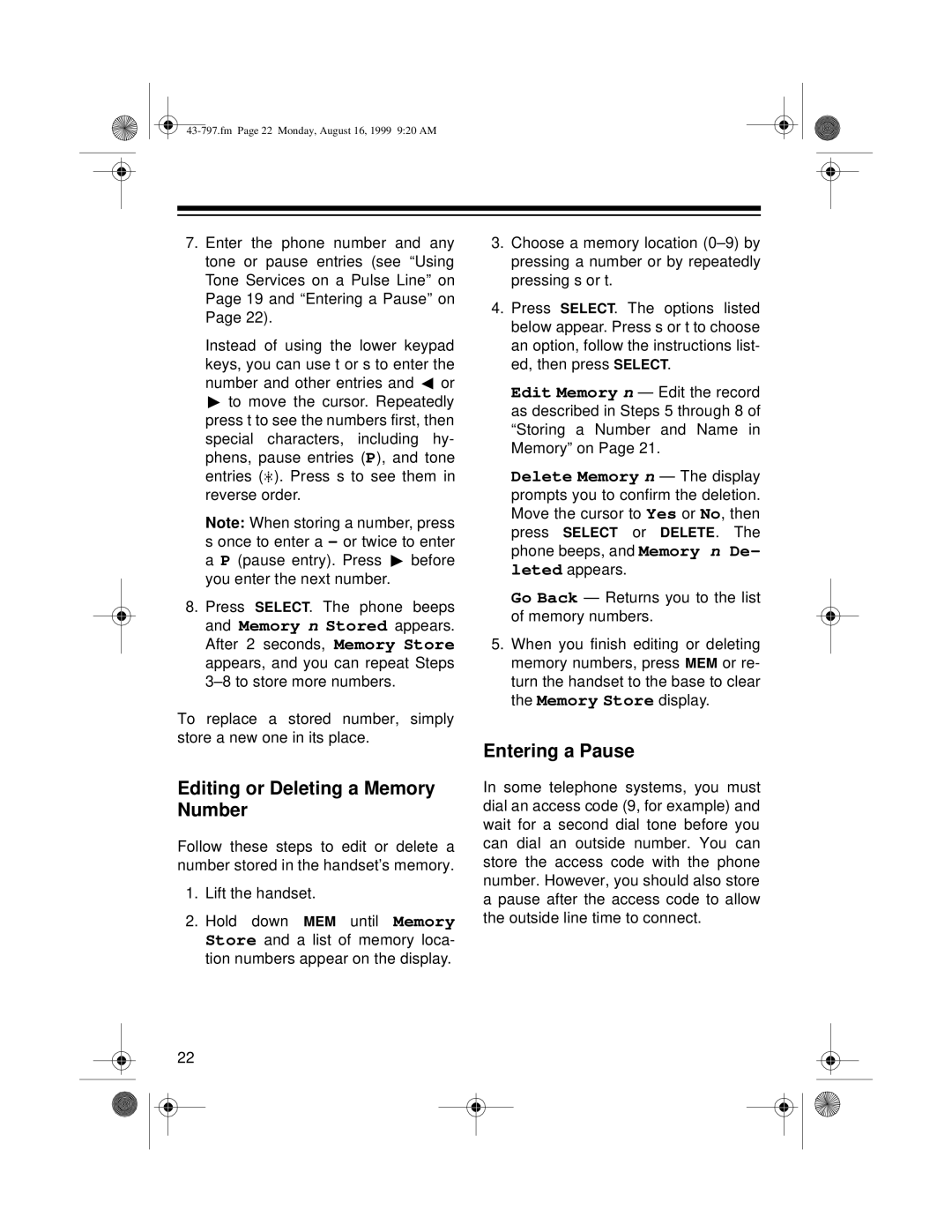 Radio Shack TAD -797 owner manual Editing or Deleting a Memory Number, Entering a Pause 