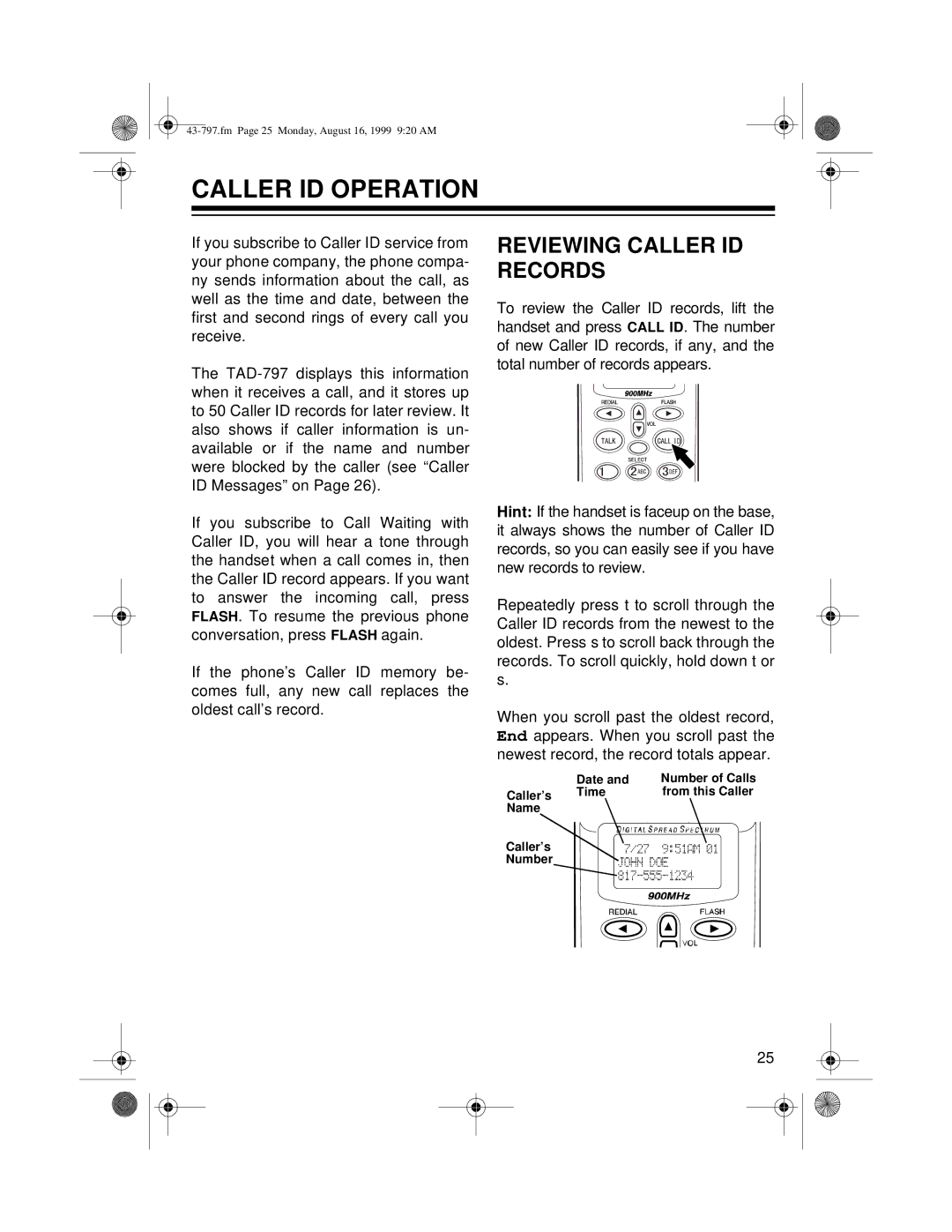 Radio Shack TAD -797 owner manual Caller ID Operation, Reviewing Caller ID Records 