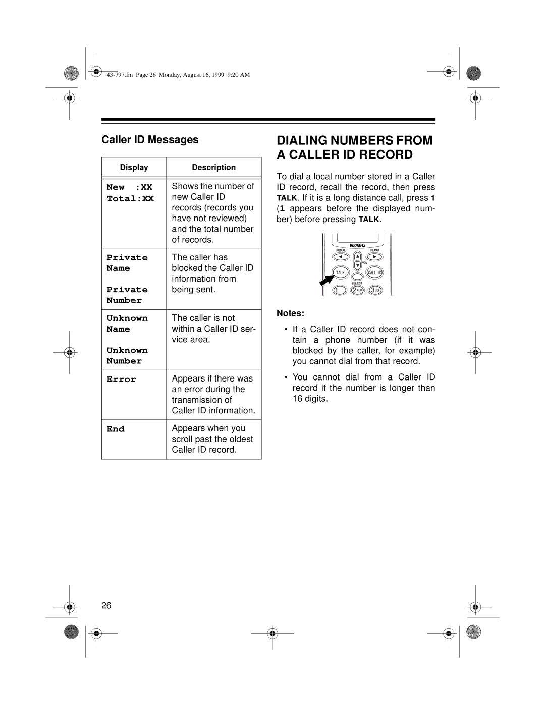 Radio Shack TAD -797 owner manual Dialing Numbers from a Caller ID Record, Caller ID Messages 