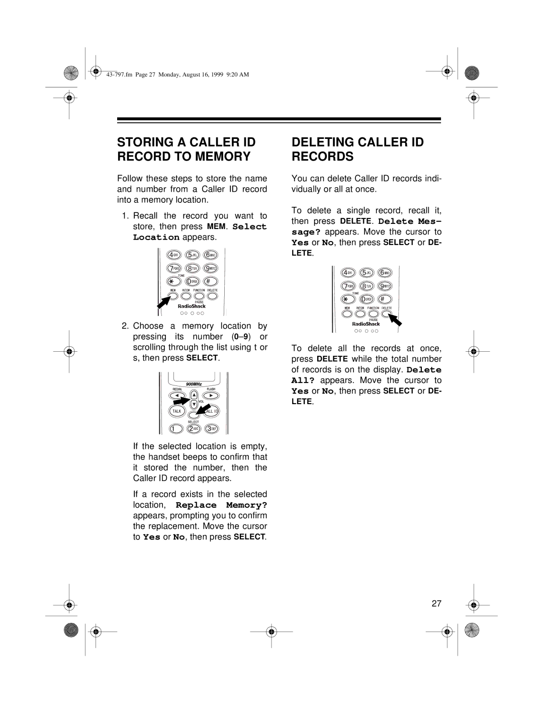 Radio Shack TAD -797 owner manual Storing a Caller ID Record to Memory, Deleting Caller ID Records 