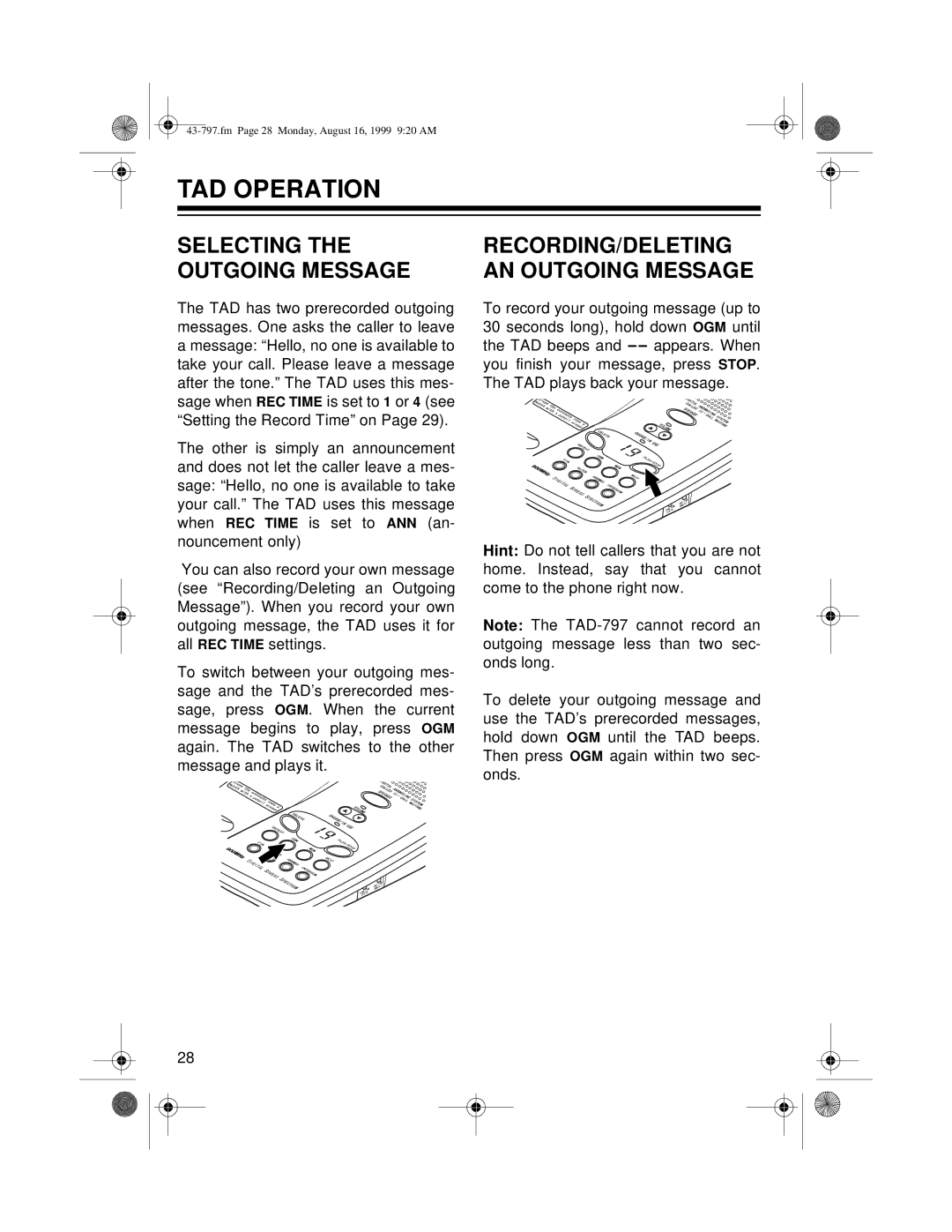 Radio Shack TAD -797 owner manual TAD Operation, RECORDING/DELETING AN Outgoing Message 