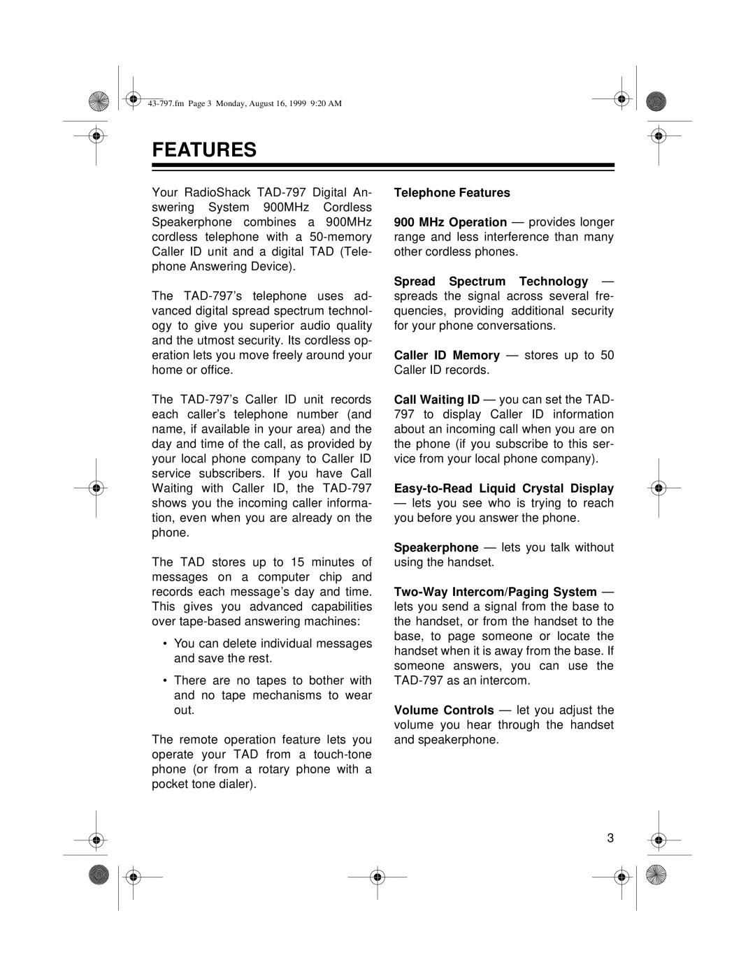 Radio Shack TAD -797 owner manual Features, Easy-to-Read Liquid Crystal Display 