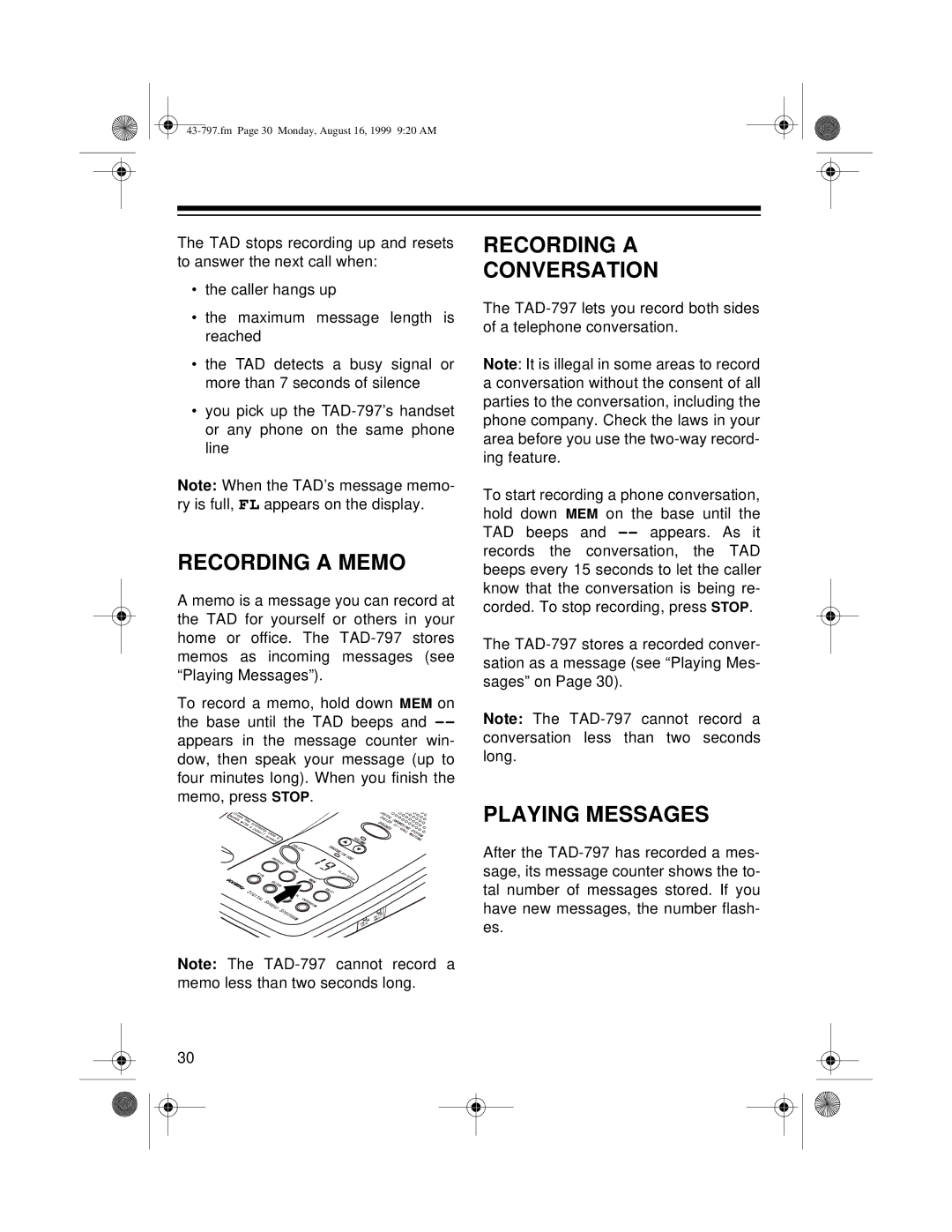 Radio Shack TAD -797 owner manual Recording a Memo, Recording a Conversation, Playing Messages 