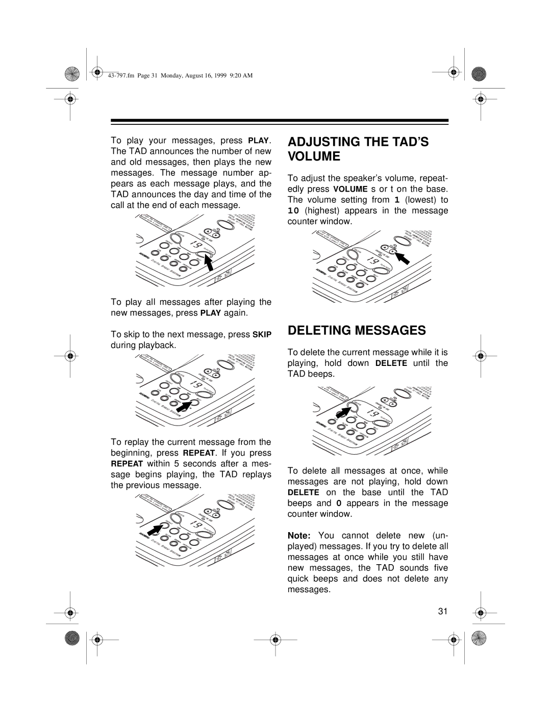 Radio Shack TAD -797 owner manual Adjusting the TAD’S Volume, Deleting Messages 