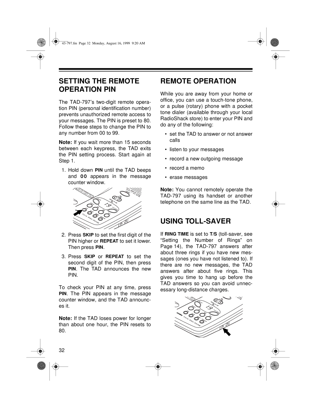 Radio Shack TAD -797 owner manual Remote Operation, Using TOLL-SAVER 