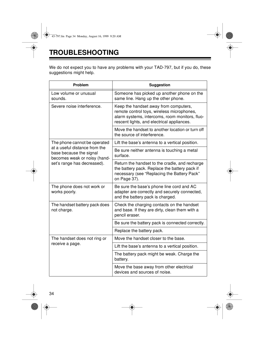 Radio Shack TAD -797 owner manual Troubleshooting 