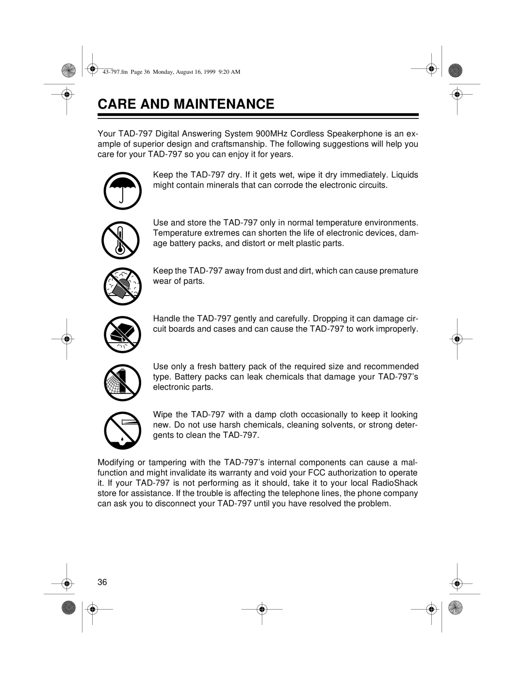 Radio Shack TAD -797 owner manual Care and Maintenance 