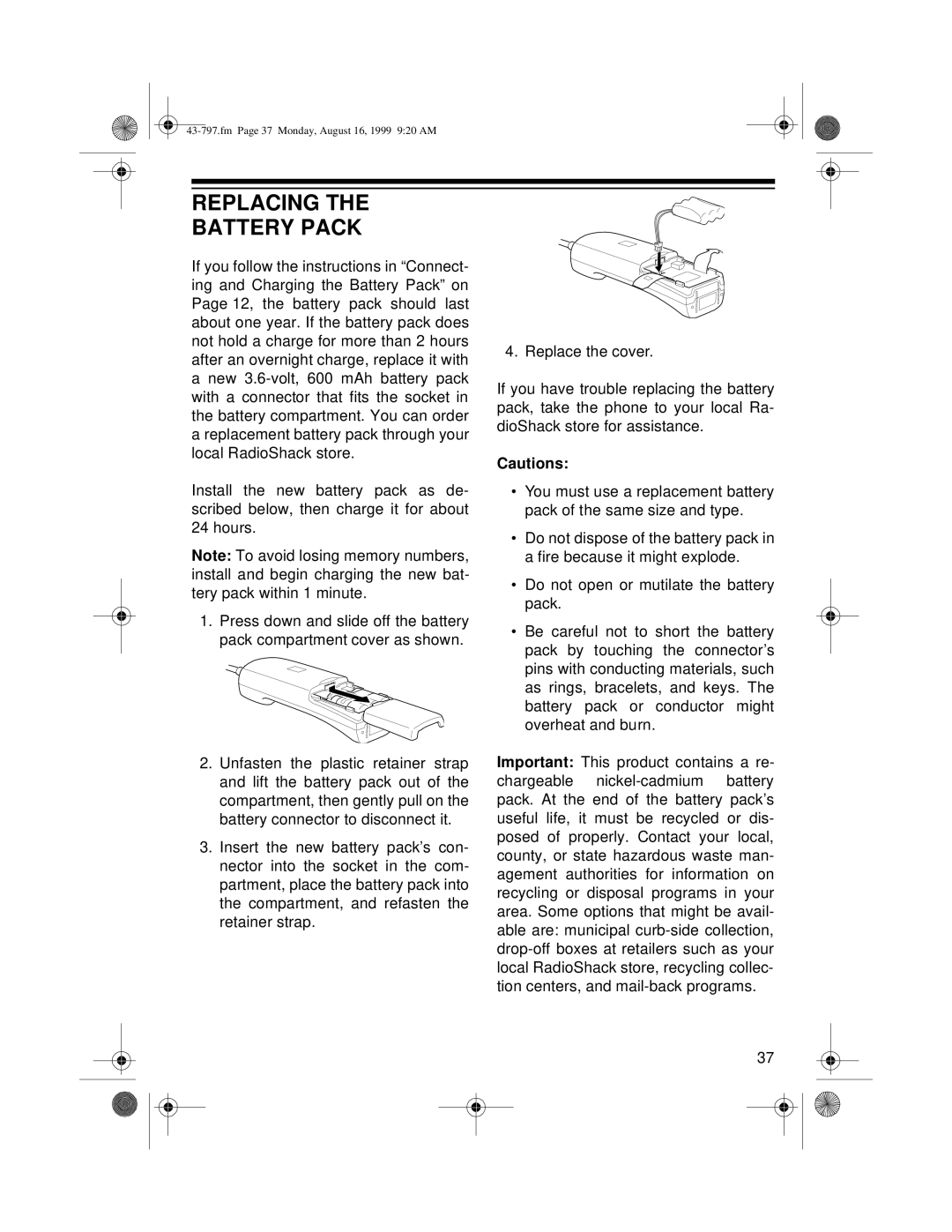 Radio Shack TAD -797 owner manual Replacing Battery Pack 