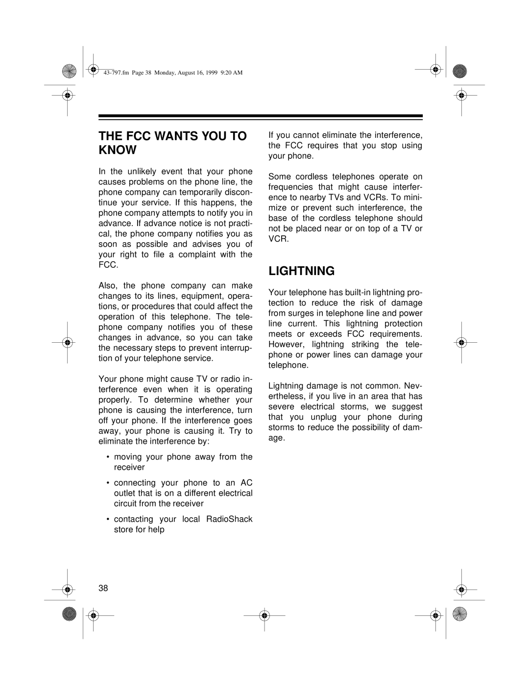 Radio Shack TAD -797 owner manual FCC Wants YOU to Know, Lightning 