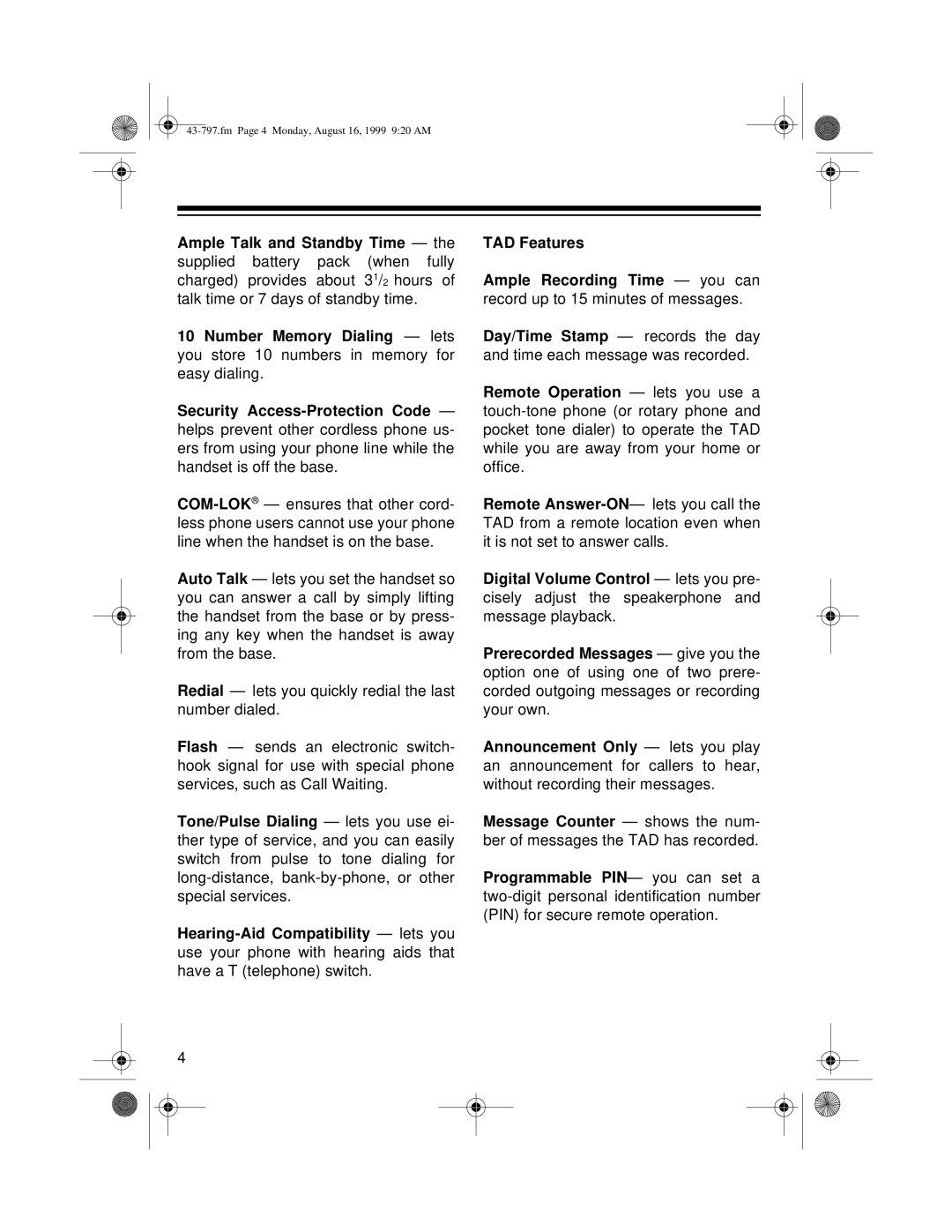 Radio Shack TAD -797 owner manual Fm Page 4 Monday, August 16, 1999 920 AM 