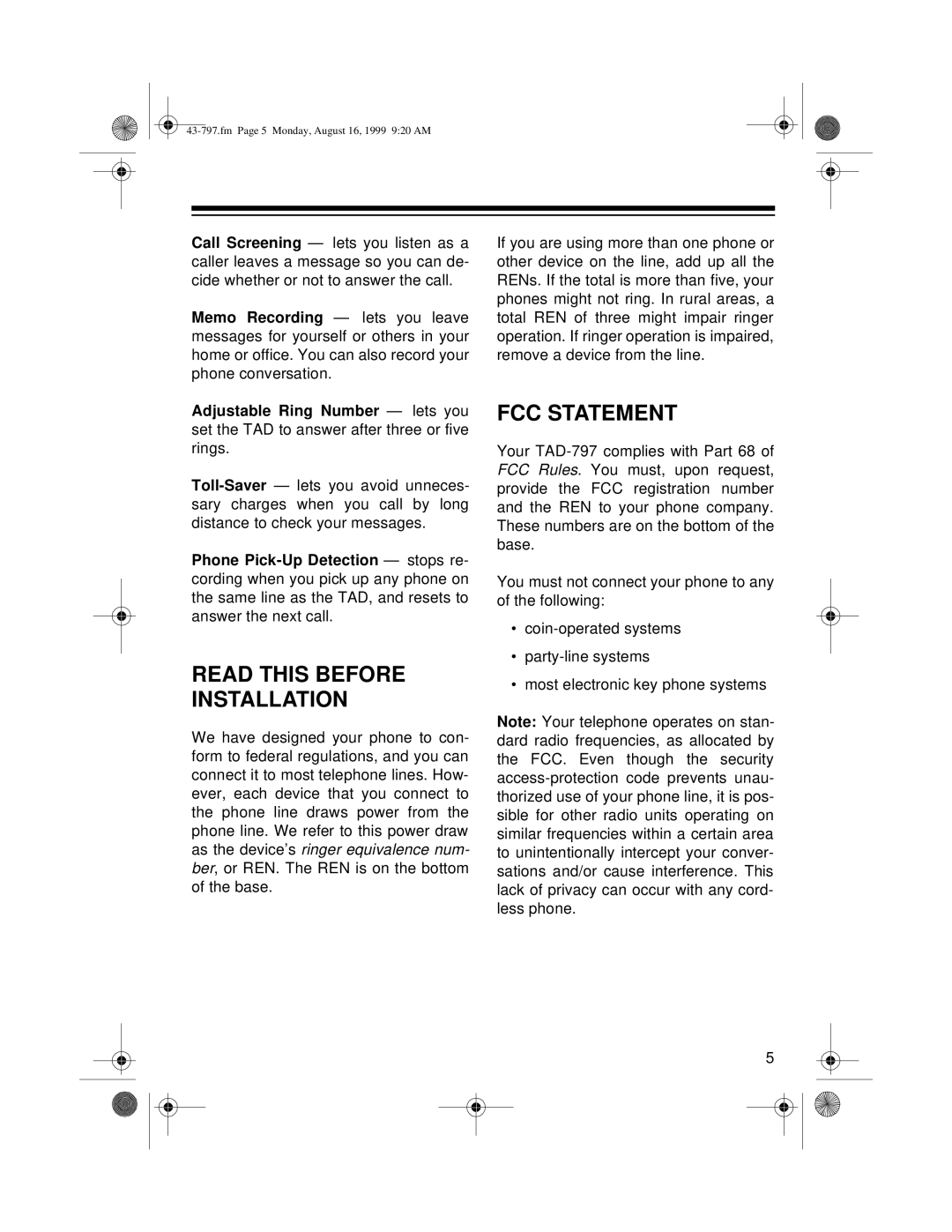 Radio Shack TAD -797 owner manual Read this Before Installation, FCC Statement 