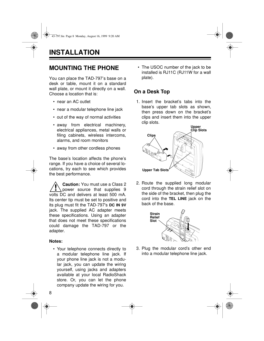 Radio Shack TAD -797 owner manual Installation, Mounting the Phone, On a Desk Top 