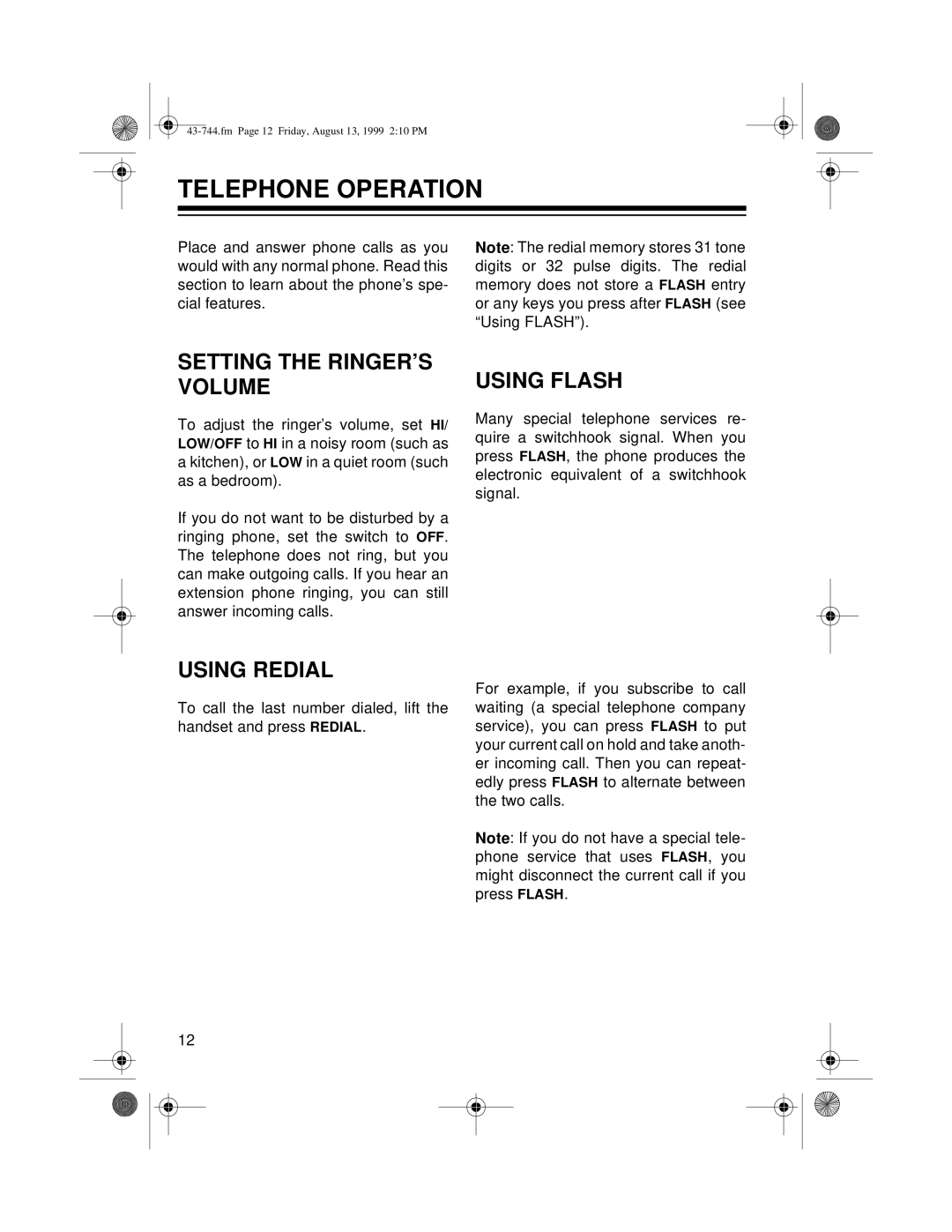 Radio Shack TAD-1004 owner manual Telephone Operation, Setting the RINGER’S Volume, Using Flash, Using Redial 