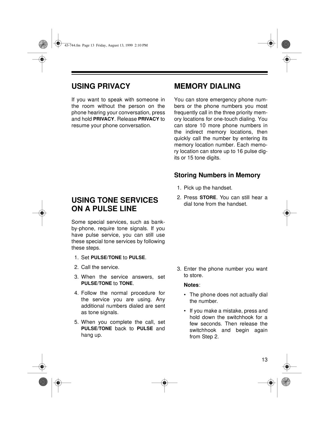 Radio Shack TAD-1004 owner manual Using Privacy, Memory Dialing, Storing Numbers in Memory 