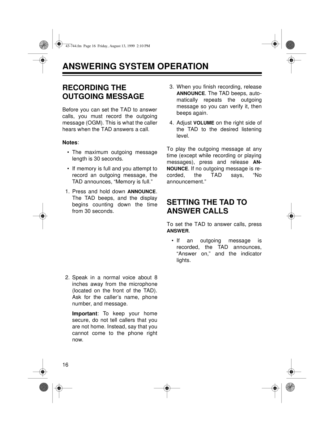 Radio Shack TAD-1004 owner manual Answering System Operation, Setting the TAD to Answer Calls 