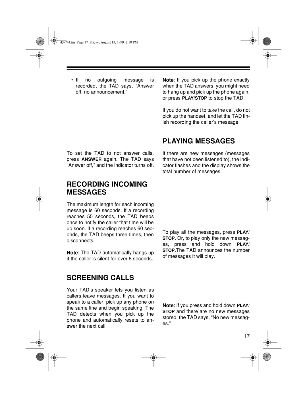 Radio Shack TAD-1004 owner manual Playing Messages, Recording Incoming Messages, Screening Calls 