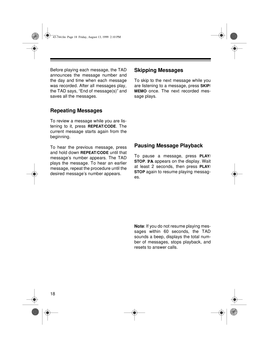 Radio Shack TAD-1004 owner manual Skipping Messages, Repeating Messages, Pausing Message Playback 