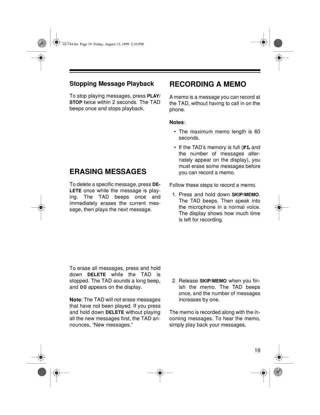 Radio Shack TAD-1004 owner manual Erasing Messages, Recording a Memo, Stopping Message Playback 