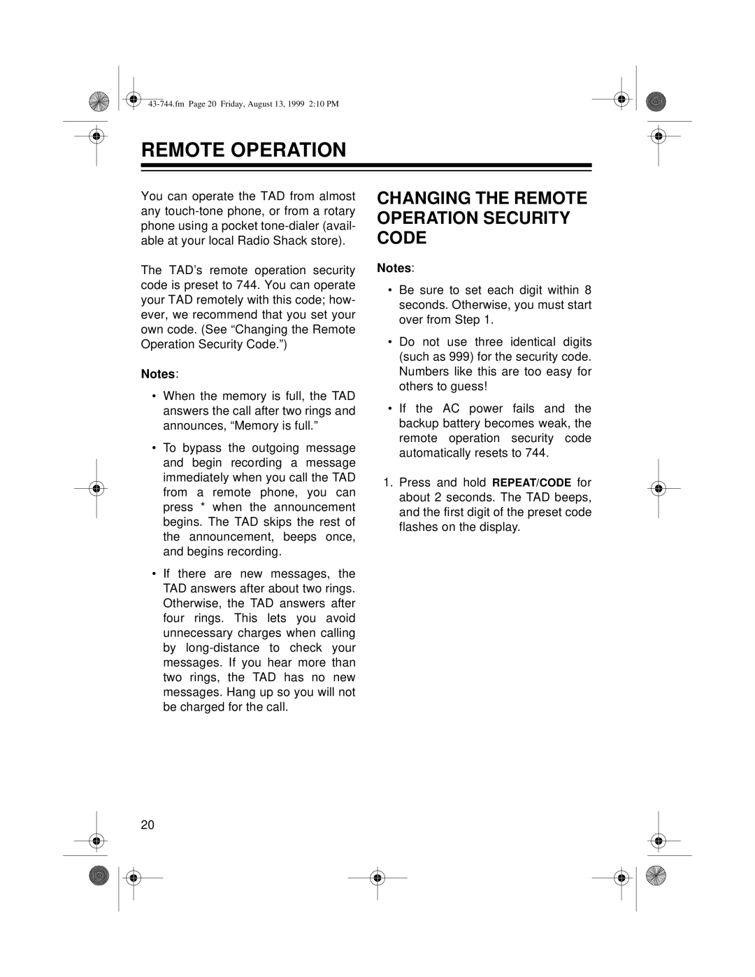 Radio Shack TAD-1004 owner manual Changing the Remote Operation Security Code 