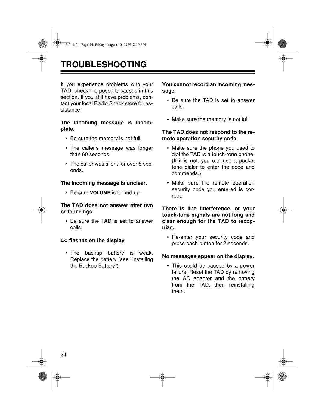 Radio Shack TAD-1004 owner manual Troubleshooting, Incoming message is incom- plete 