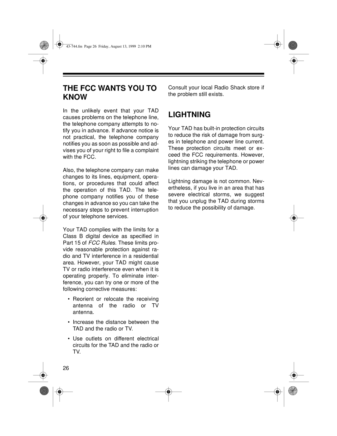 Radio Shack TAD-1004 owner manual FCC Wants YOU to Know, Lightning 