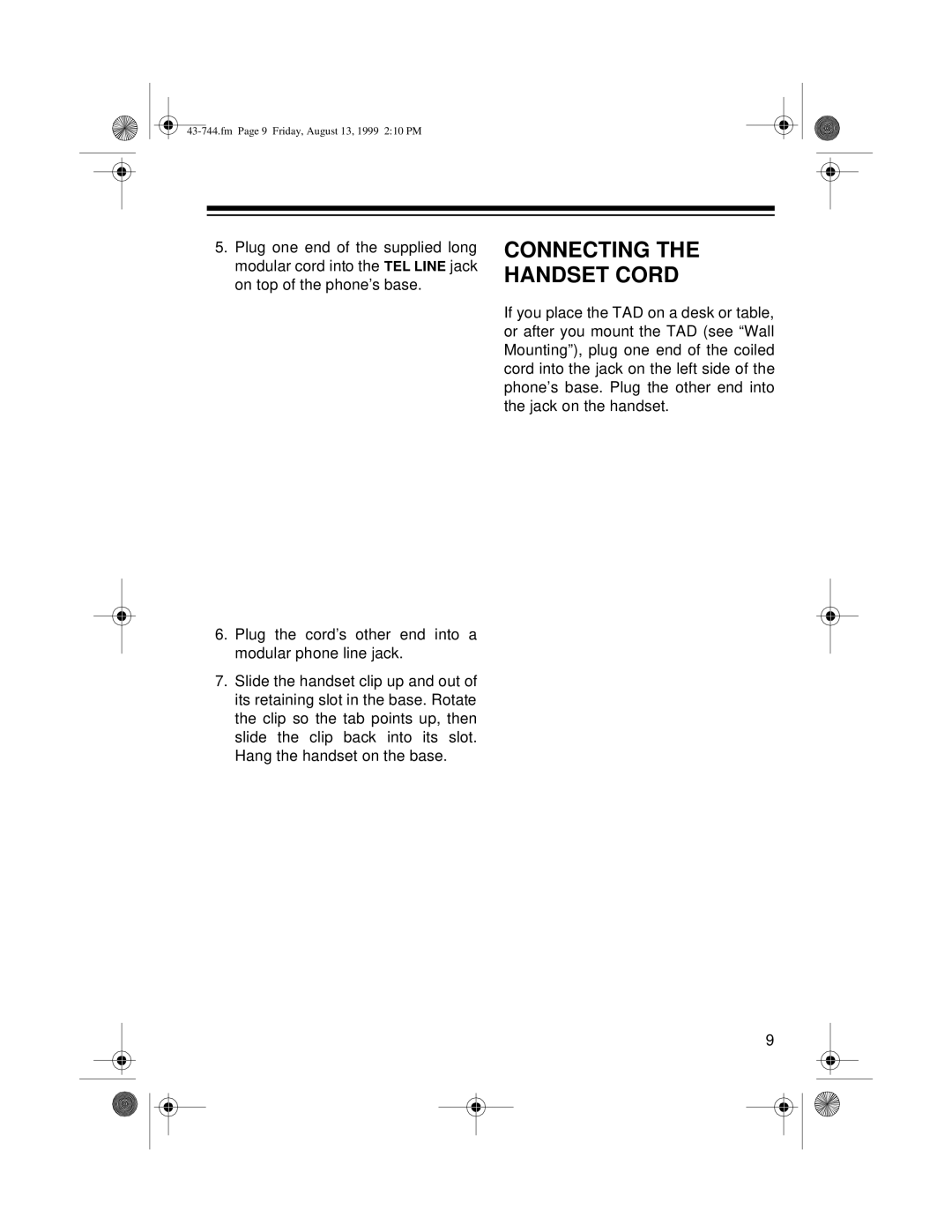 Radio Shack TAD-1004 owner manual Connecting Handset Cord 