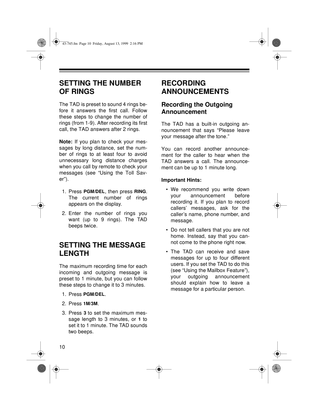 Radio Shack TAD-1005 owner manual Setting the Number of Rings, Setting the Message Length, Recording Announcements 