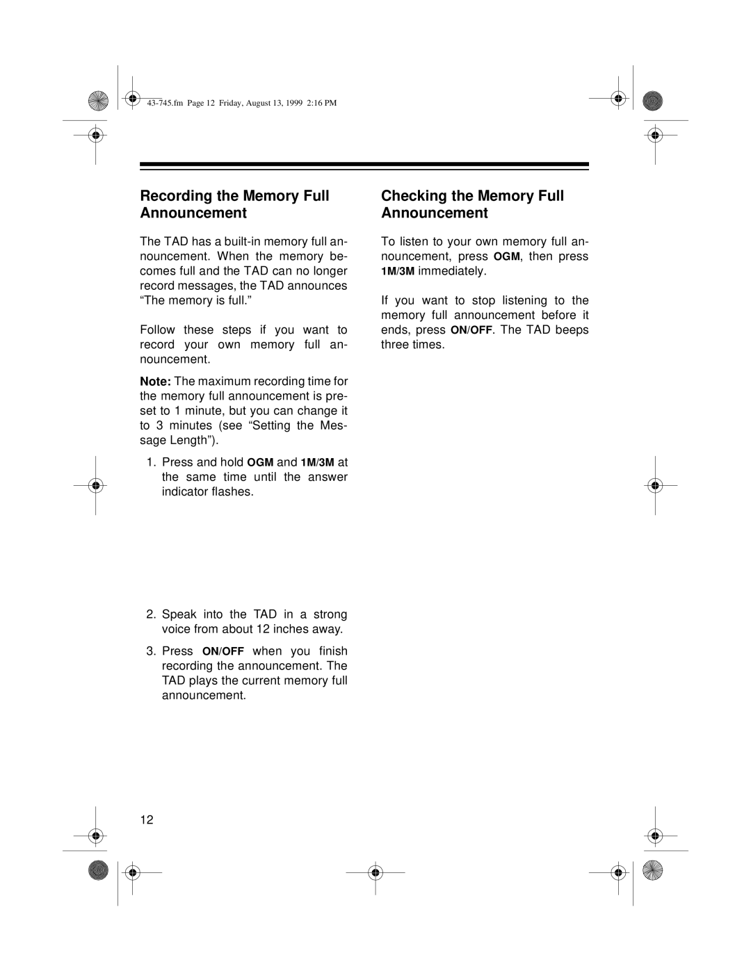 Radio Shack TAD-1005 owner manual Recording the Memory Full Announcement, Checking the Memory Full Announcement 