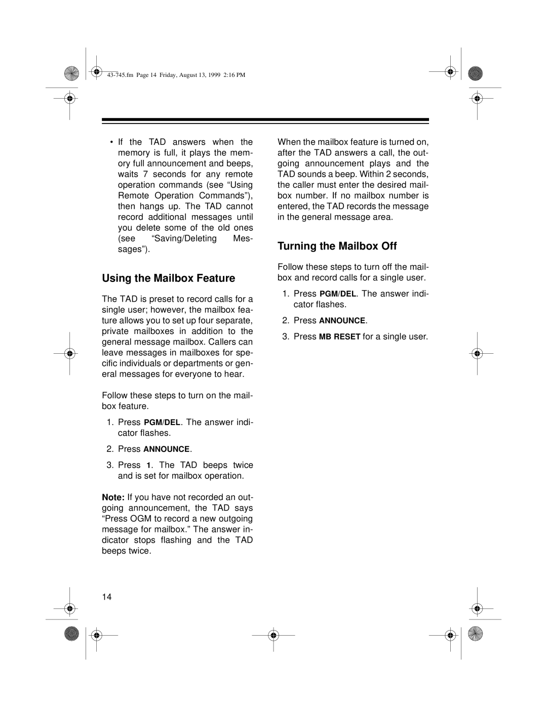 Radio Shack TAD-1005 owner manual Using the Mailbox Feature, Turning the Mailbox Off 