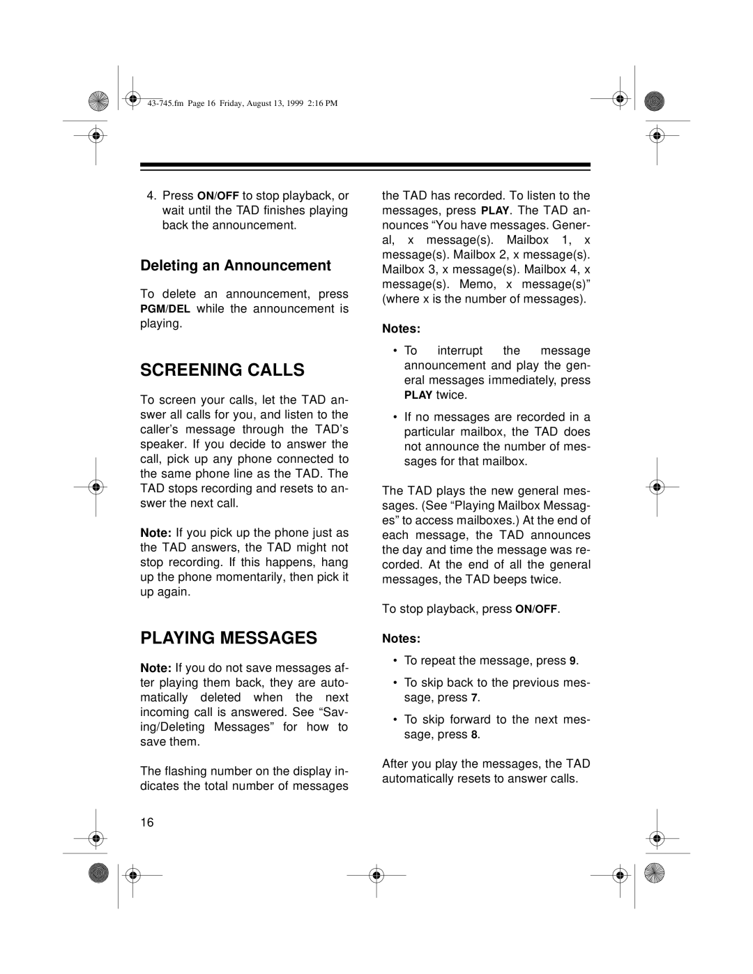 Radio Shack TAD-1005 owner manual Screening Calls, Playing Messages, Deleting an Announcement 