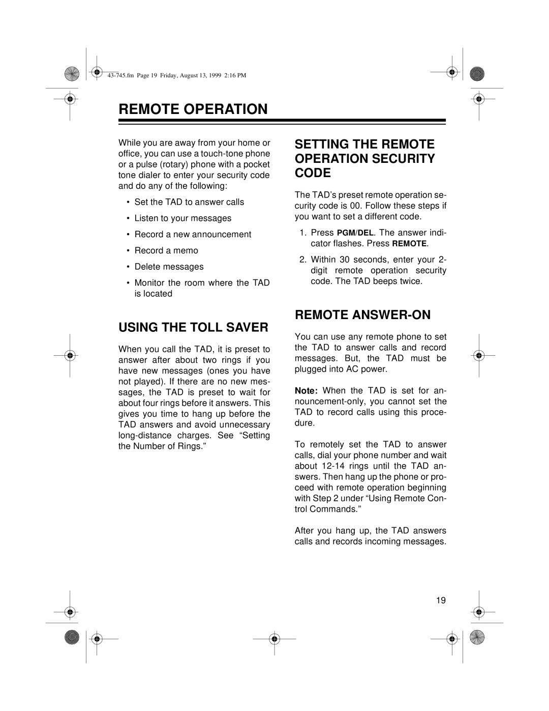 Radio Shack TAD-1005 owner manual Setting the Remote Operation Security Code, Using the Toll Saver, Remote ANSWER-ON 