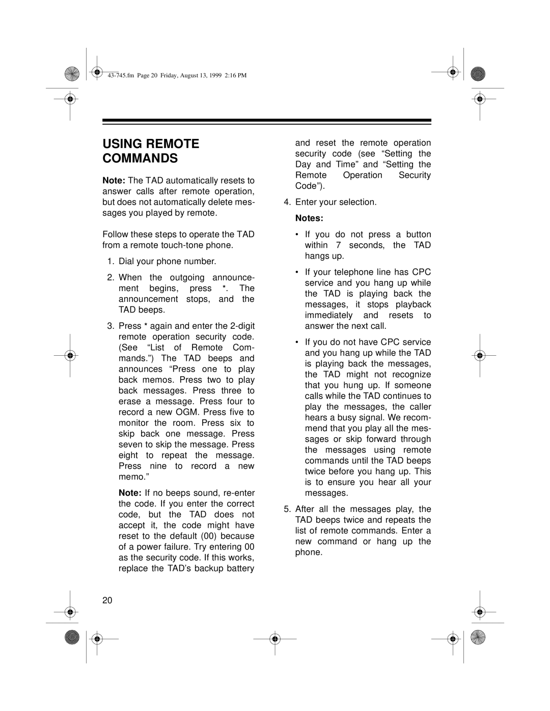 Radio Shack TAD-1005 owner manual Using Remote Commands 