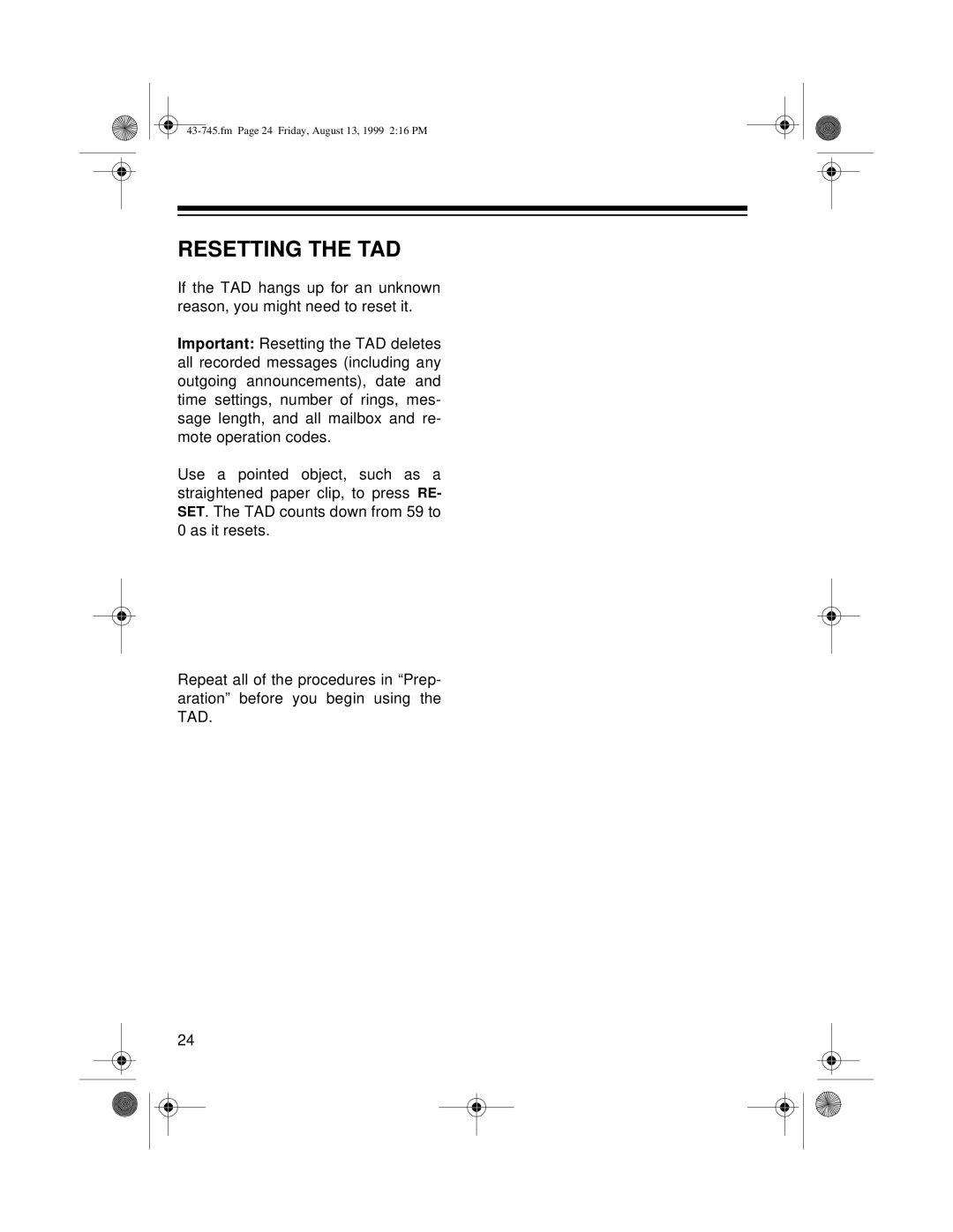 Radio Shack TAD-1005 owner manual Resetting the TAD 