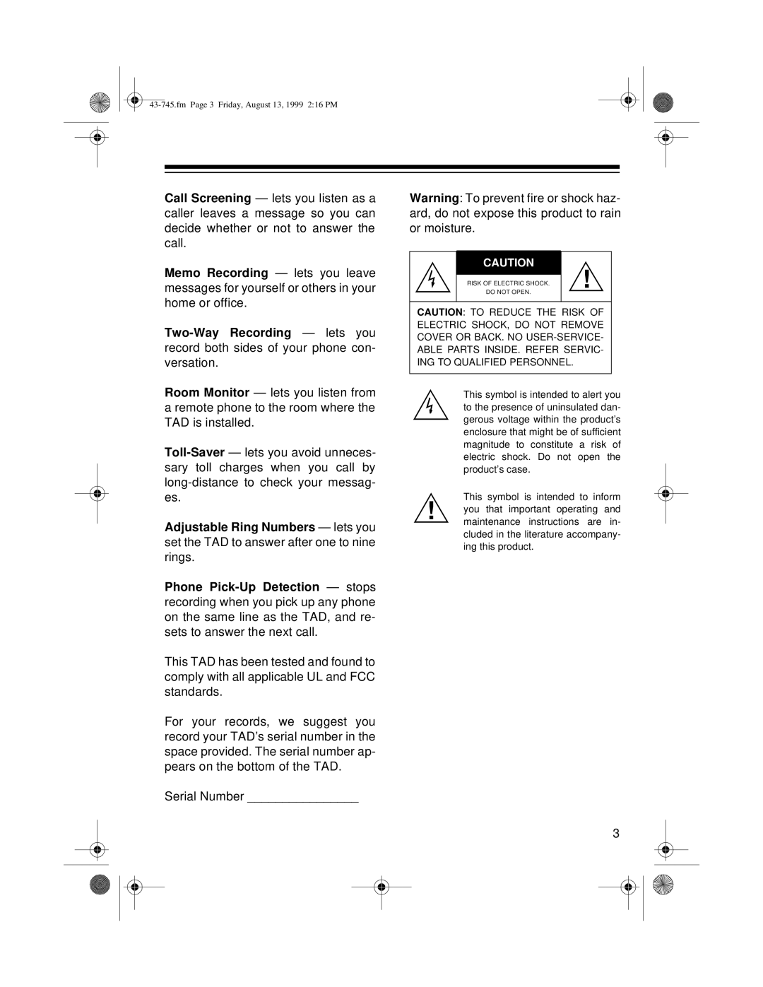 Radio Shack TAD-1005 owner manual Fm Page 3 Friday, August 13, 1999 216 PM 