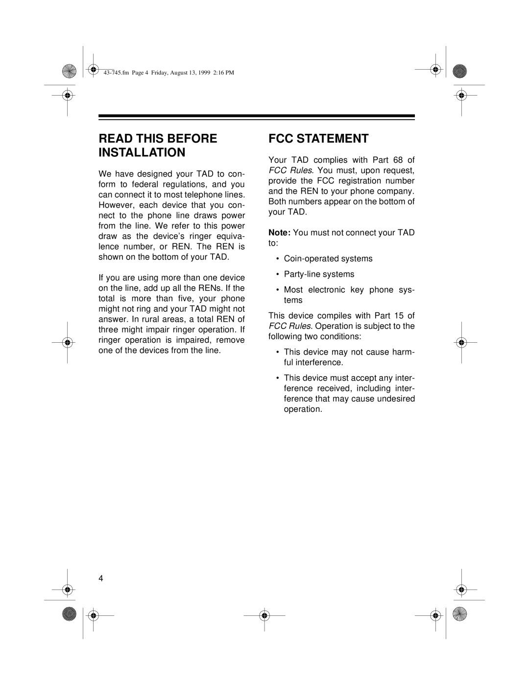 Radio Shack TAD-1005 owner manual Read this Before Installation, FCC Statement 