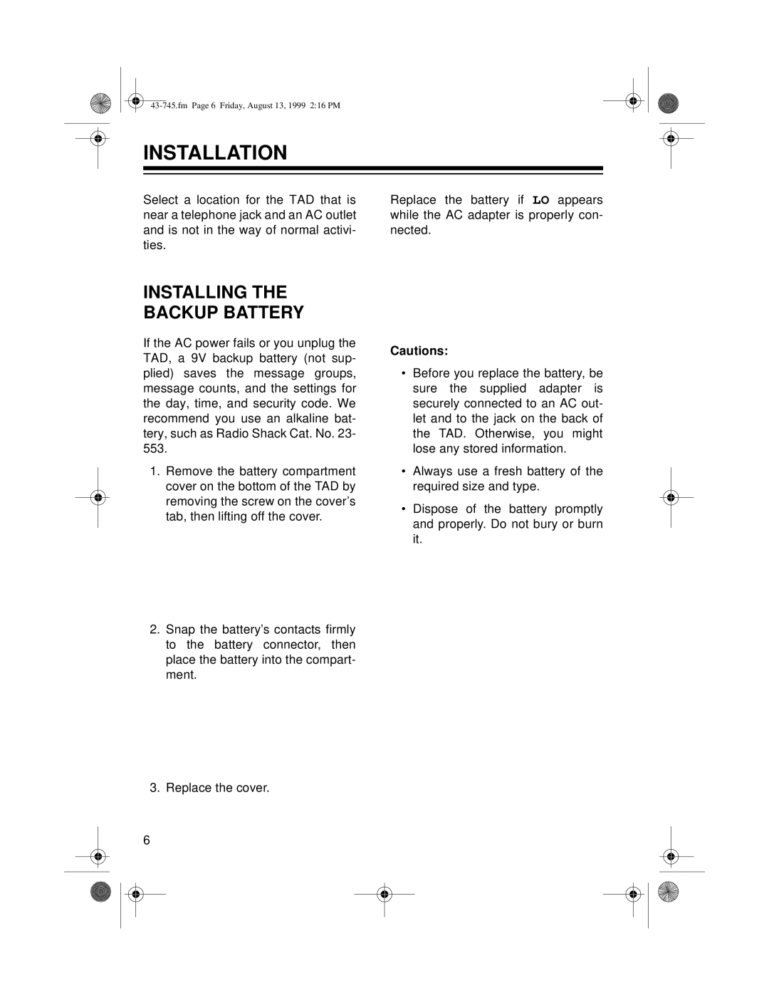 Radio Shack TAD-1005 owner manual Installation, Installing the Backup Battery 