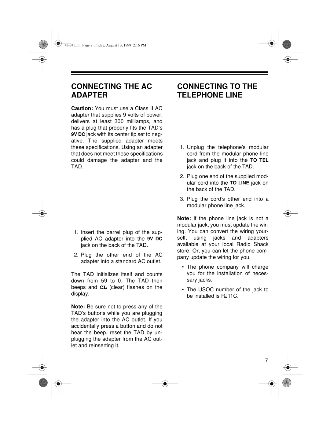 Radio Shack TAD-1005 owner manual Connecting the AC Adapter, Connecting to the Telephone Line 