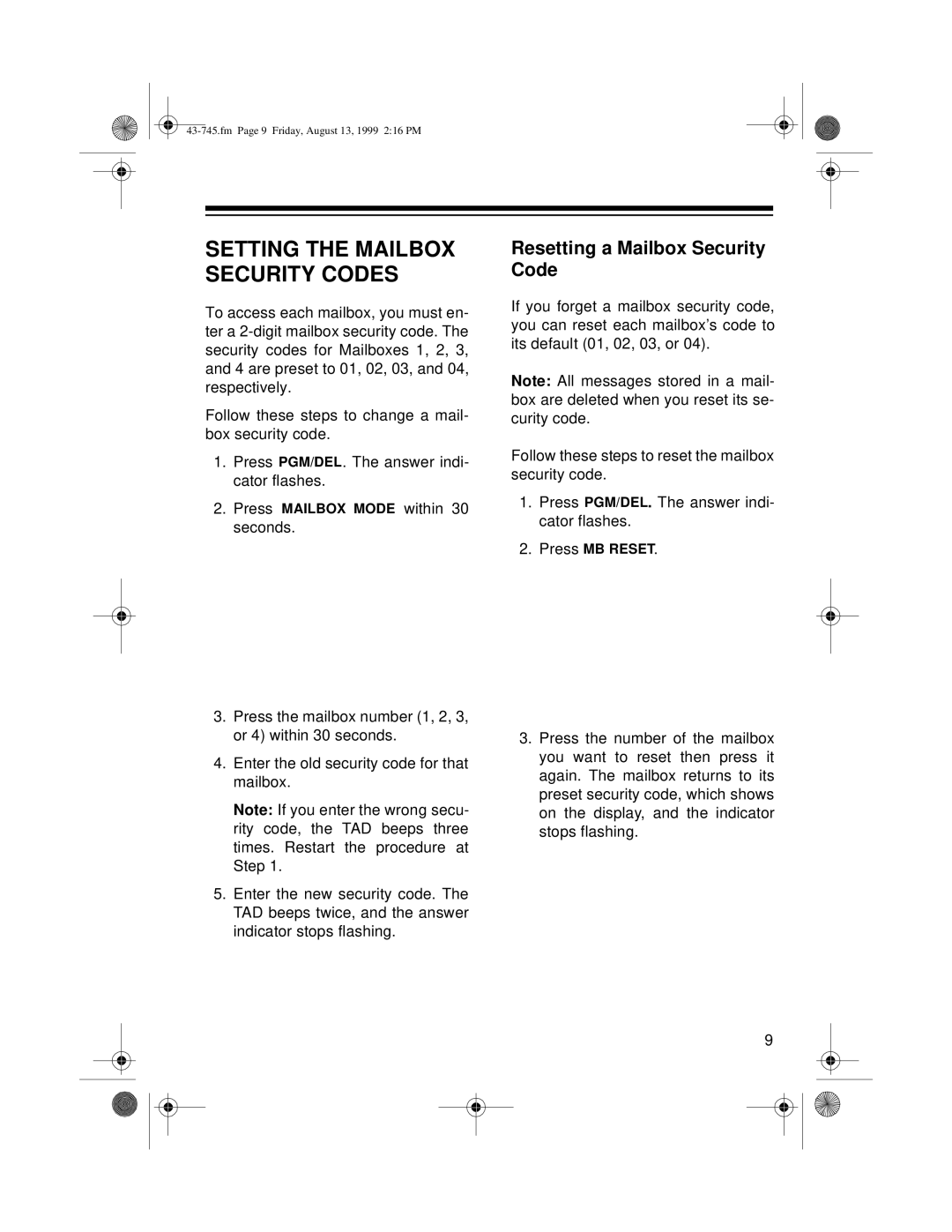 Radio Shack TAD-1005 owner manual Setting the Mailbox Security Codes, Resetting a Mailbox Security Code 